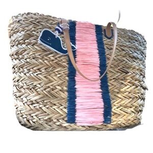 Vineyard Vines Large Seagrass Straw Tote –Pink & Navy Stripes Whale Charm – NWOT